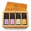 Ecodrop floral essential oil set, four 5ml bottles in an open bamboo gift box on white