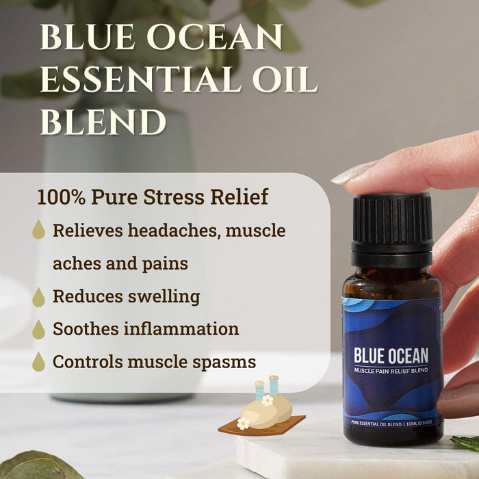 A banner show how blue ocean essential oil blend can improve the health of a individual