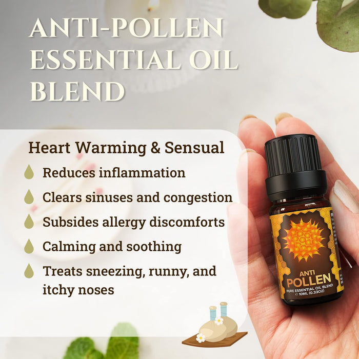 A banner show how anti pollen essential oil blend can improve the health of a individual