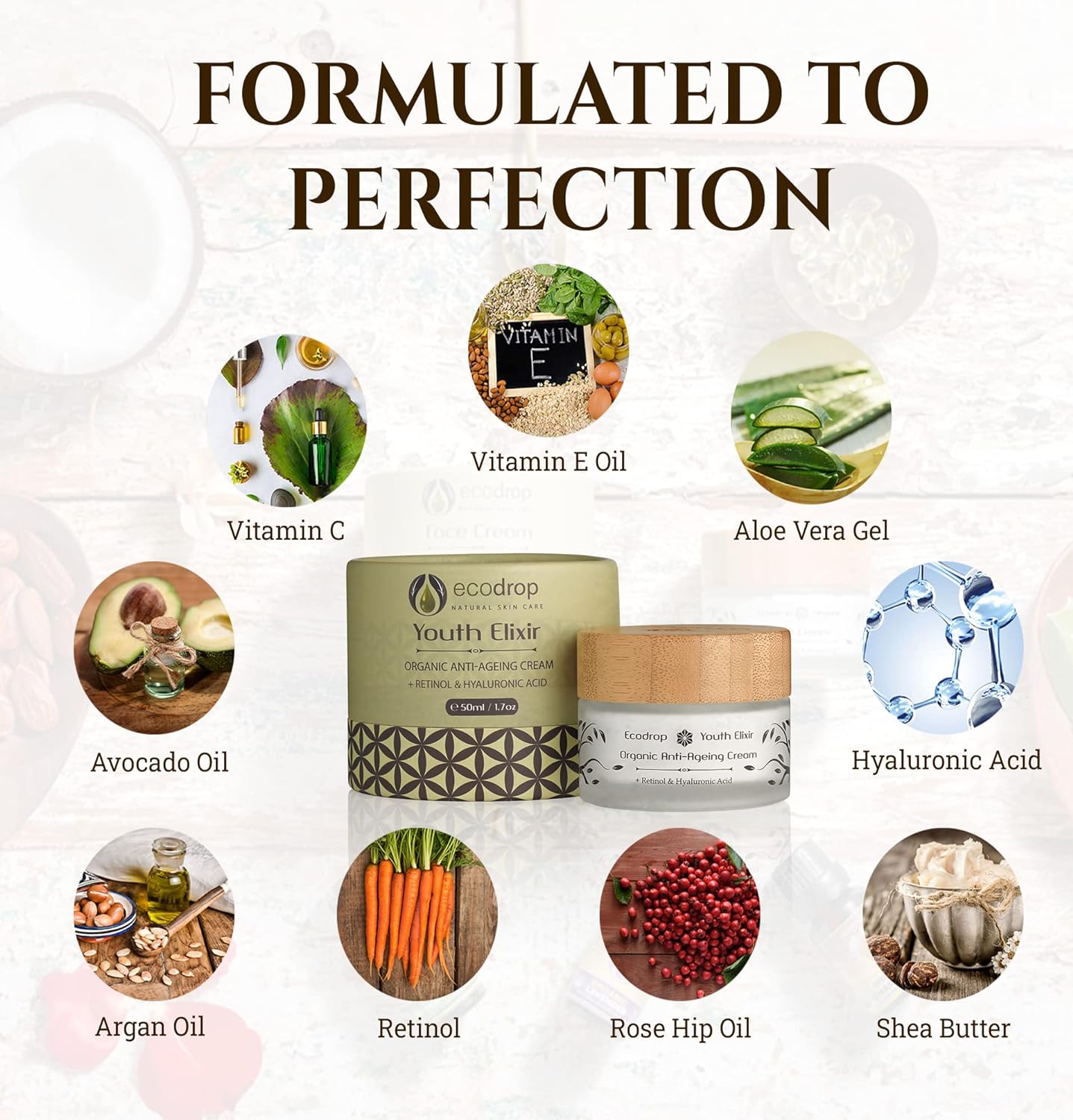 how ecordop's organic youth elixir
face cream formulated by using different ingredients