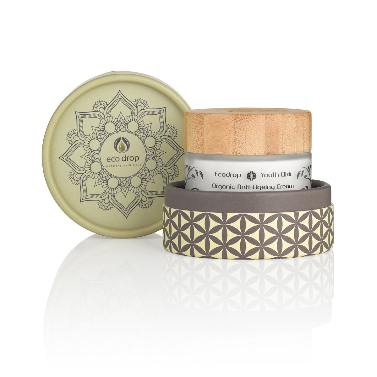 Ecodrop Organic Anti-Ageing Cream 50ml jar with bamboo lid in its open gift tube