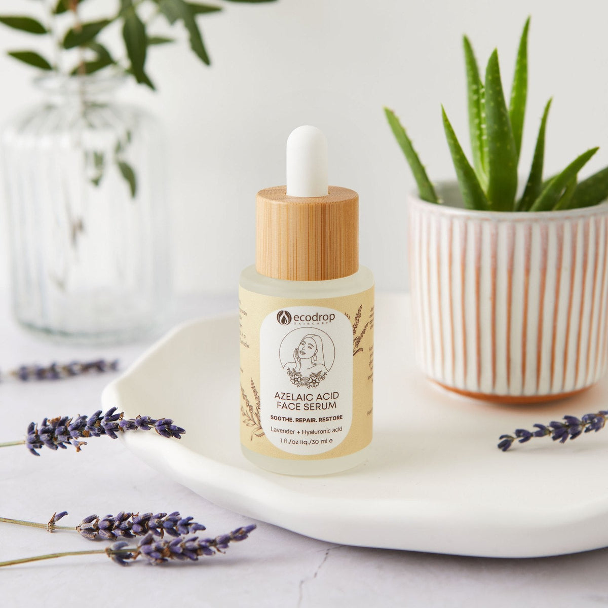 Azelaic acid serum with an aloe plant and dried lavender