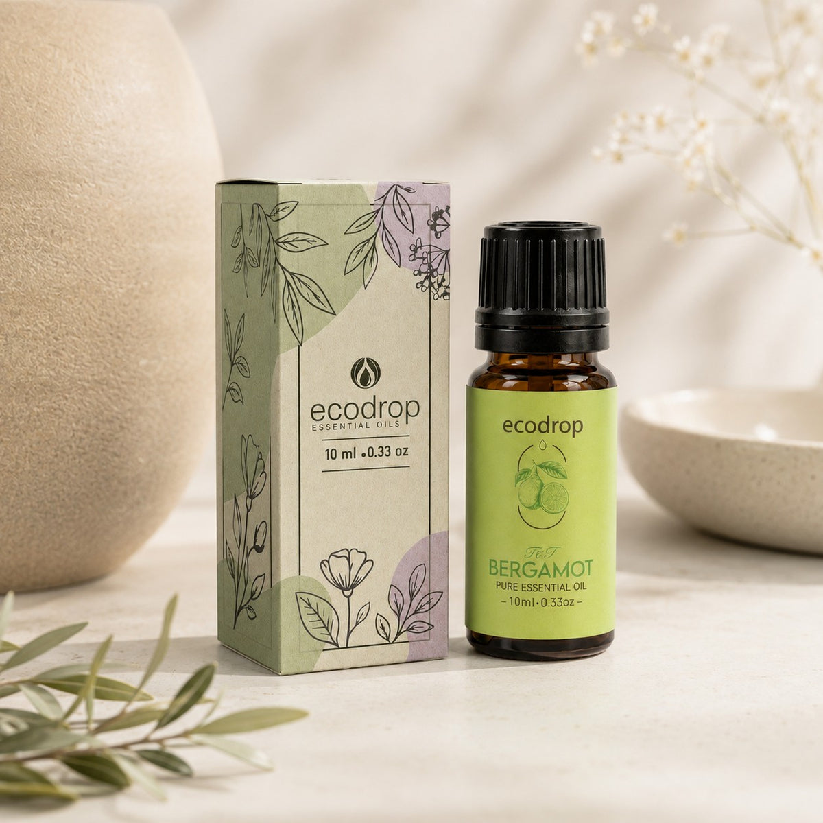 Bergamot FCF Essential Oil bottle with botanical box