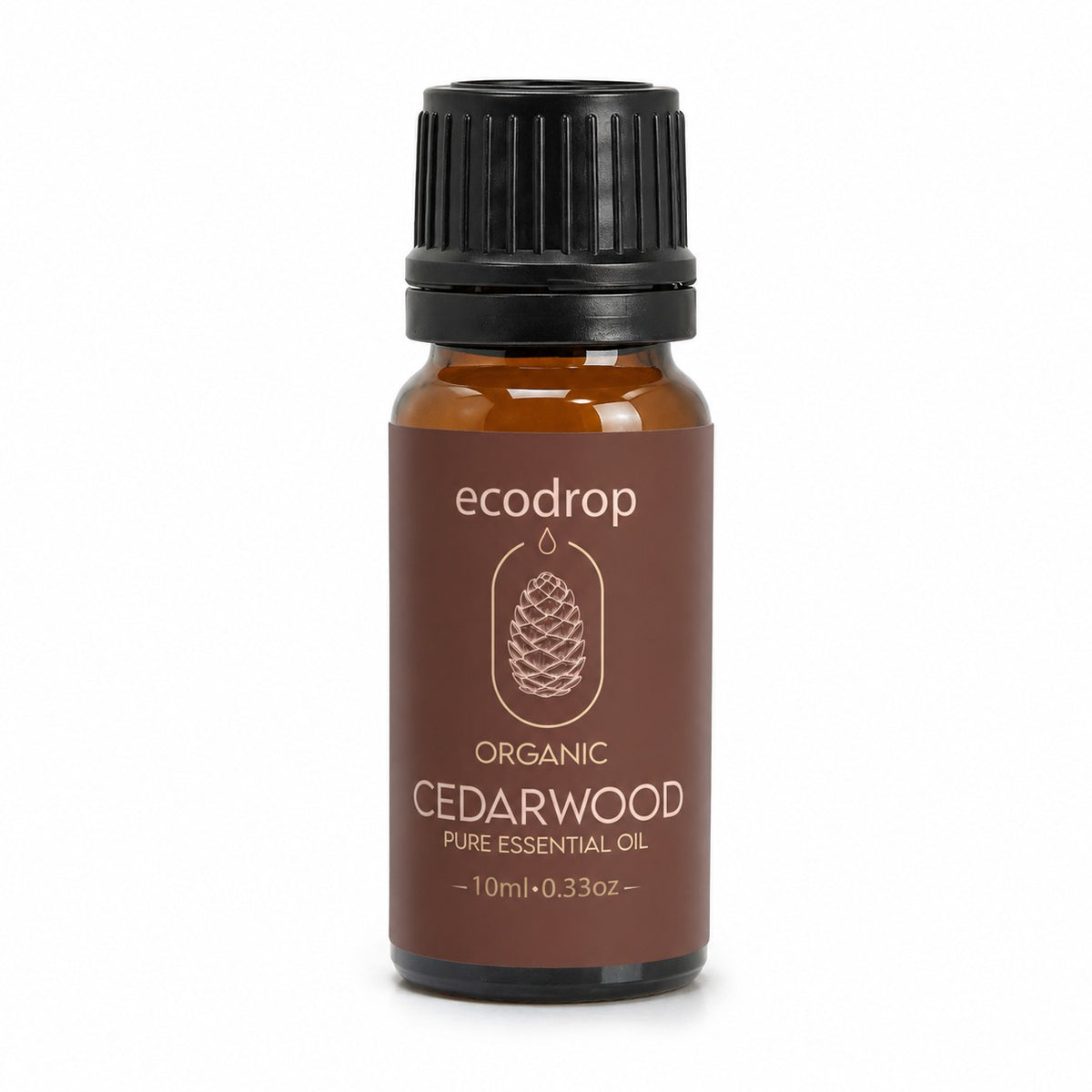 Ecodrop Atlas Cedarwood essential oil 10ml amber dropper bottle on a white background