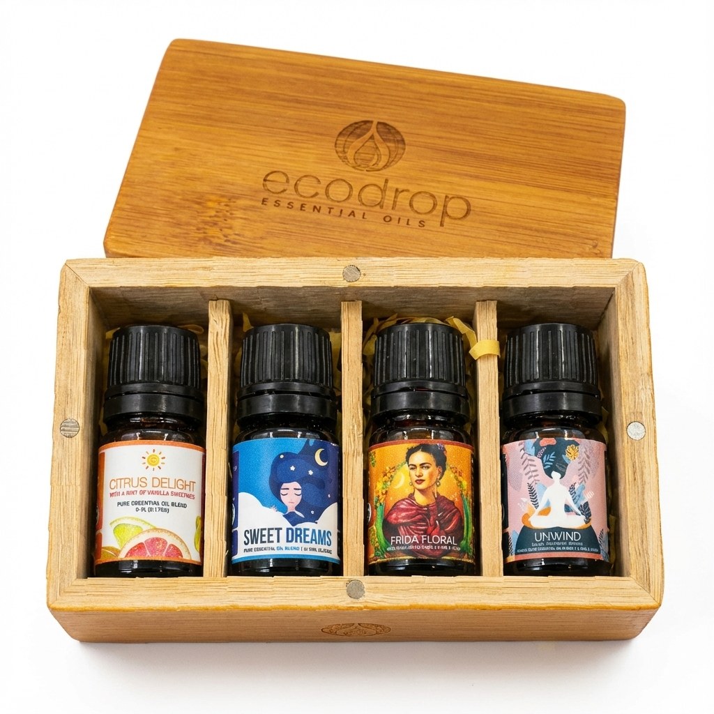 Calming blend set in an open bamboo box: Citrus Delight, Sweet Dreams, Frida Floral and Unwind, 4 x 5ml