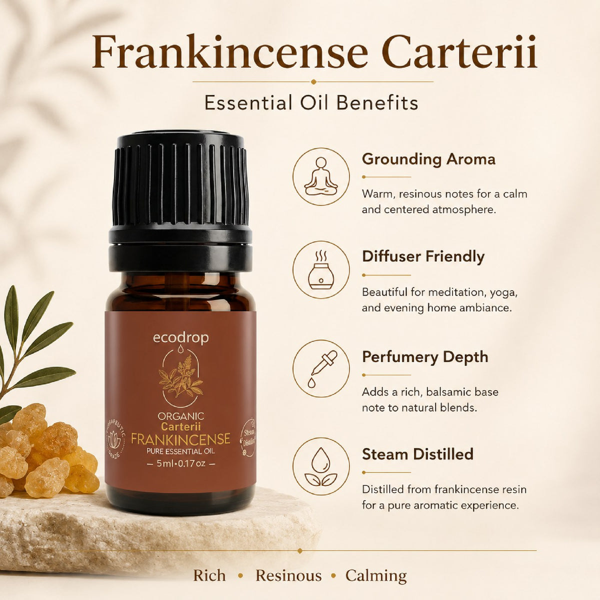 Frankincense Carterii essential oil benefits: grounding aroma, diffuser friendly, perfumery depth, steam distilled