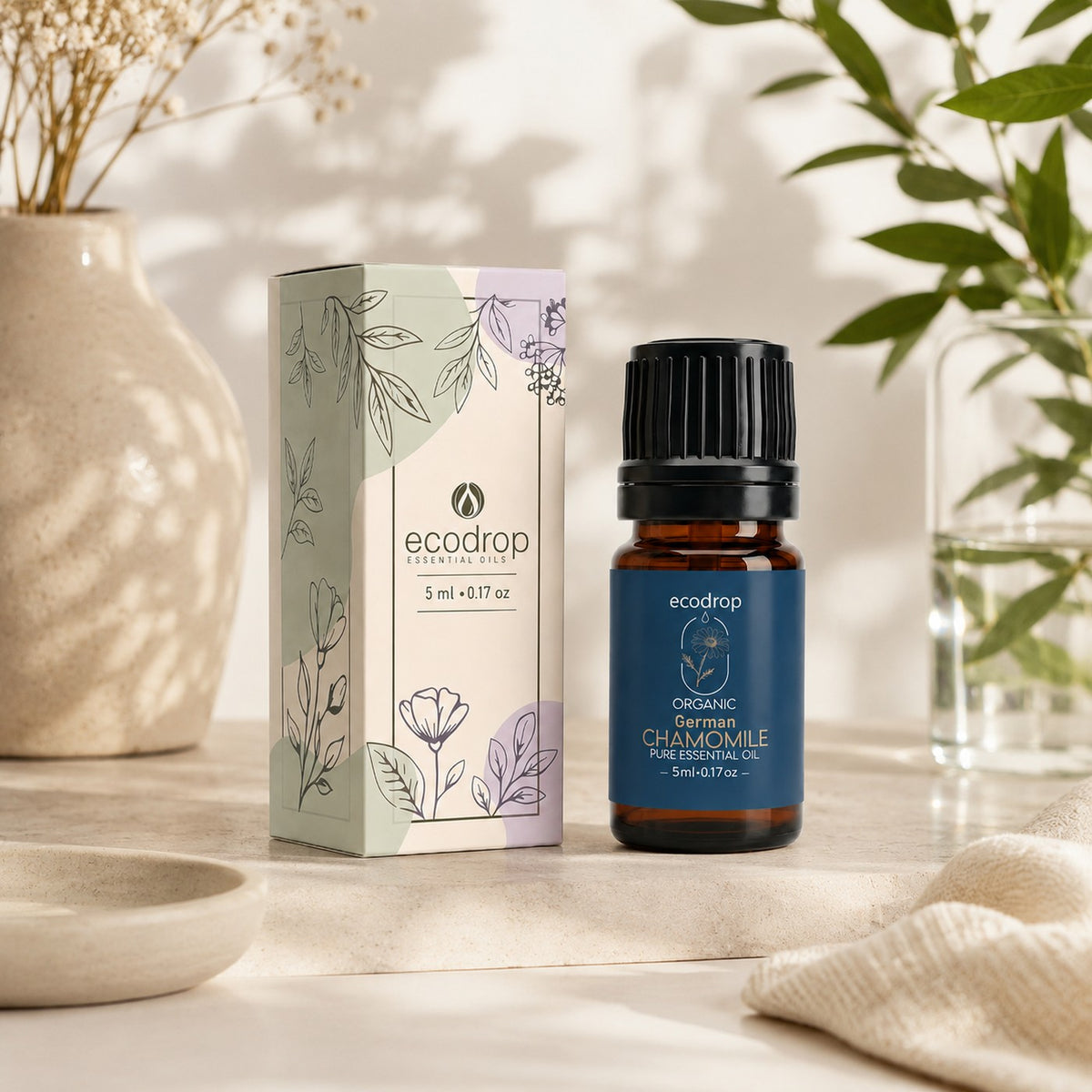 German Chamomile 5ml bottle beside its botanical ecodrop box