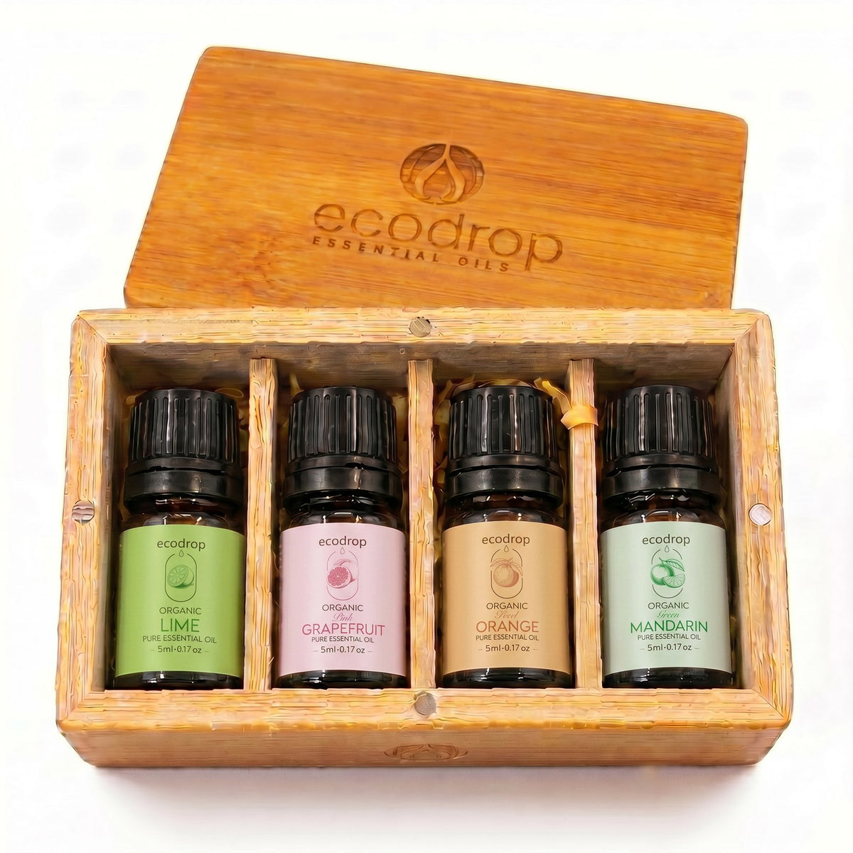 Citrus essential oil set: lime, pink grapefruit, sweet orange and green mandarin 5ml in an open bamboo gift box