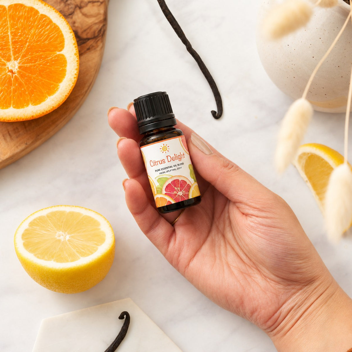 Hand holding the Citrus Delight essential oil blend 10ml with orange, lemon and vanilla