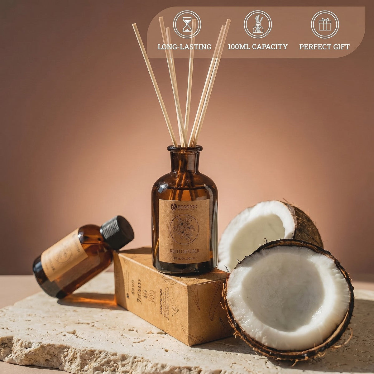 Coco Sandalwood reed diffuser with reeds and fresh coconut, long-lasting 100ml capacity gift