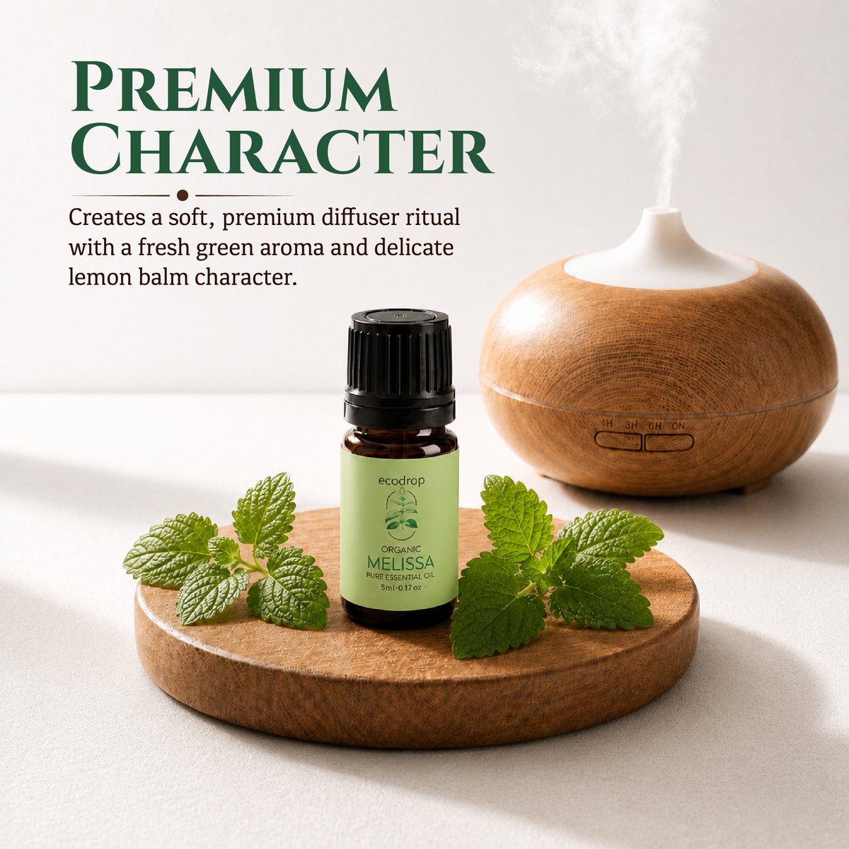 Melissa essential oil bottle on a wooden tray with lemon balm leaves beside an aroma diffuser