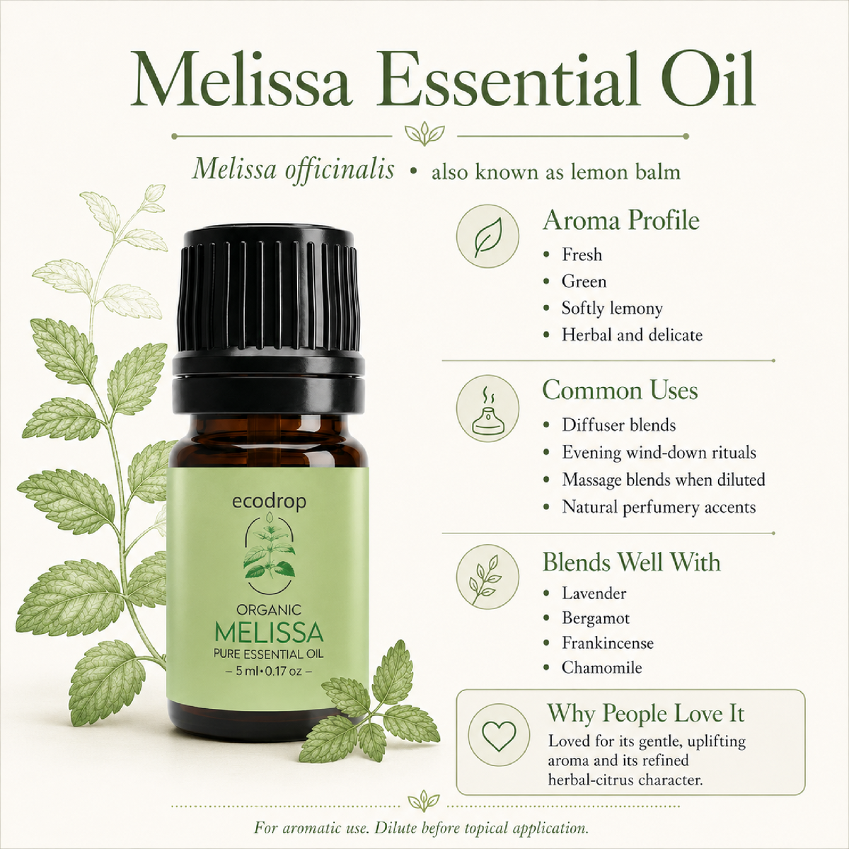 Melissa essential oil aroma profile, common uses and oils it blends well with: lavender, bergamot, frankincense, chamomile