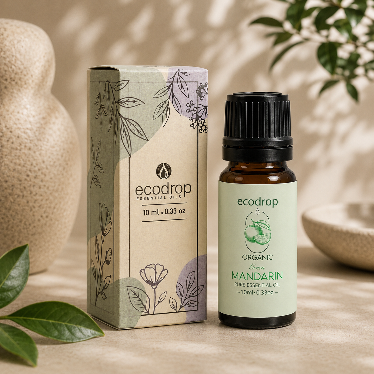 Organic green mandarin essential oil 10ml bottle with its recycled carton box