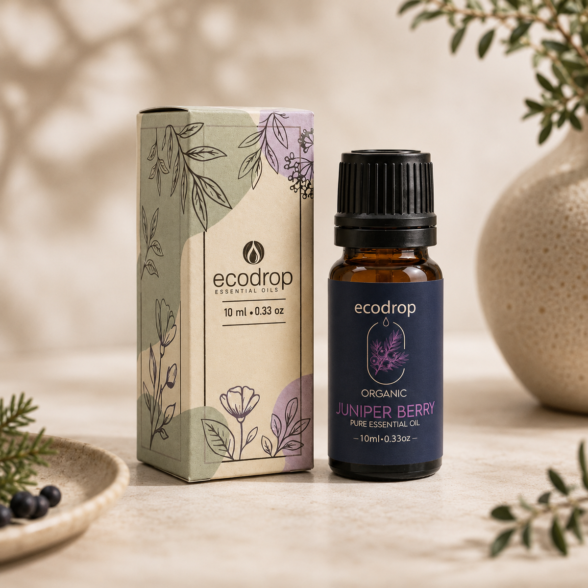 Juniper berry essential oil bottle with its Ecodrop box
