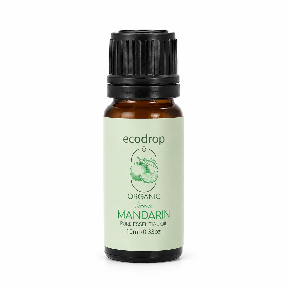 Organic green mandarin essential oil 10ml amber bottle with green label on a white background