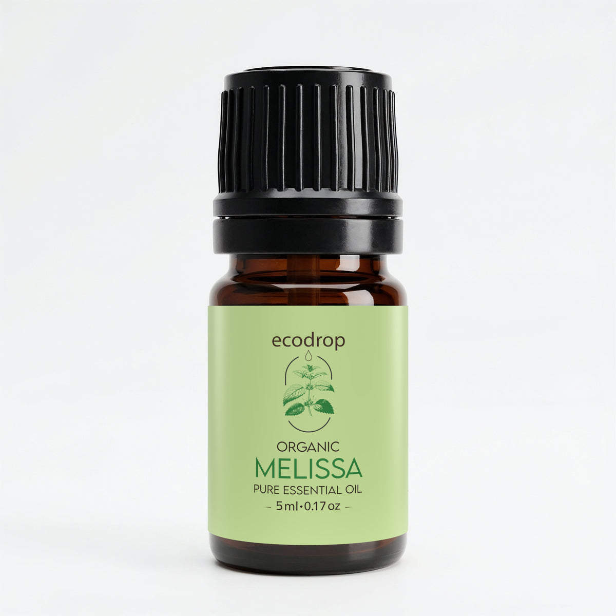 Ecodrop Organic Melissa (lemon balm) essential oil 5ml amber dropper bottle on white