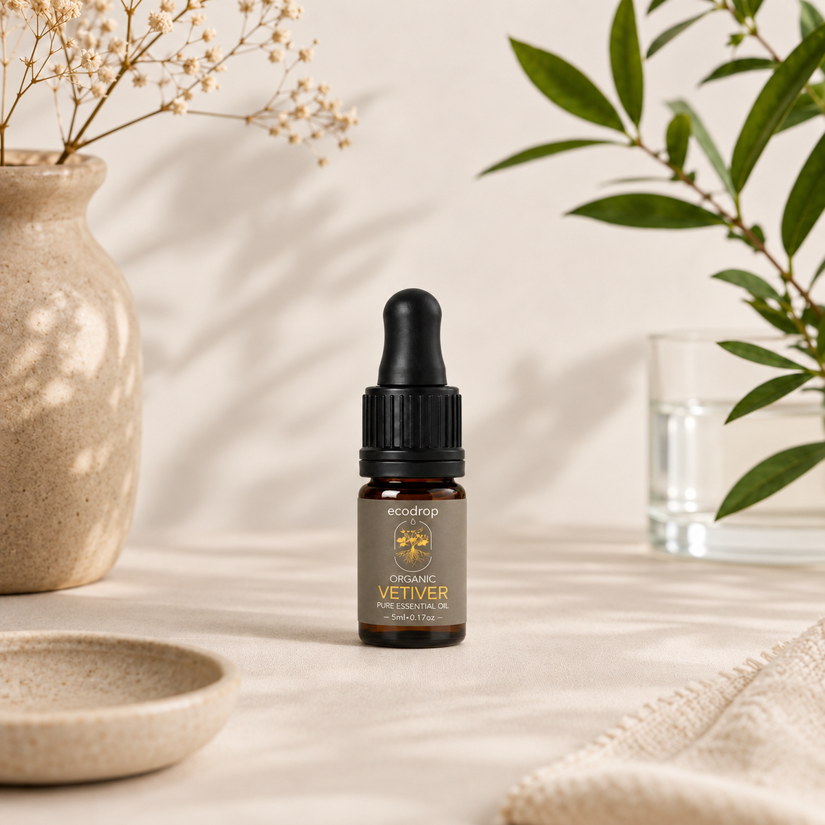 Organic vetiver essential oil 5ml bottle styled on a linen surface