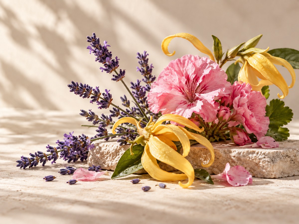 Floral scent family: lavender, geranium and ylang ylang on stone