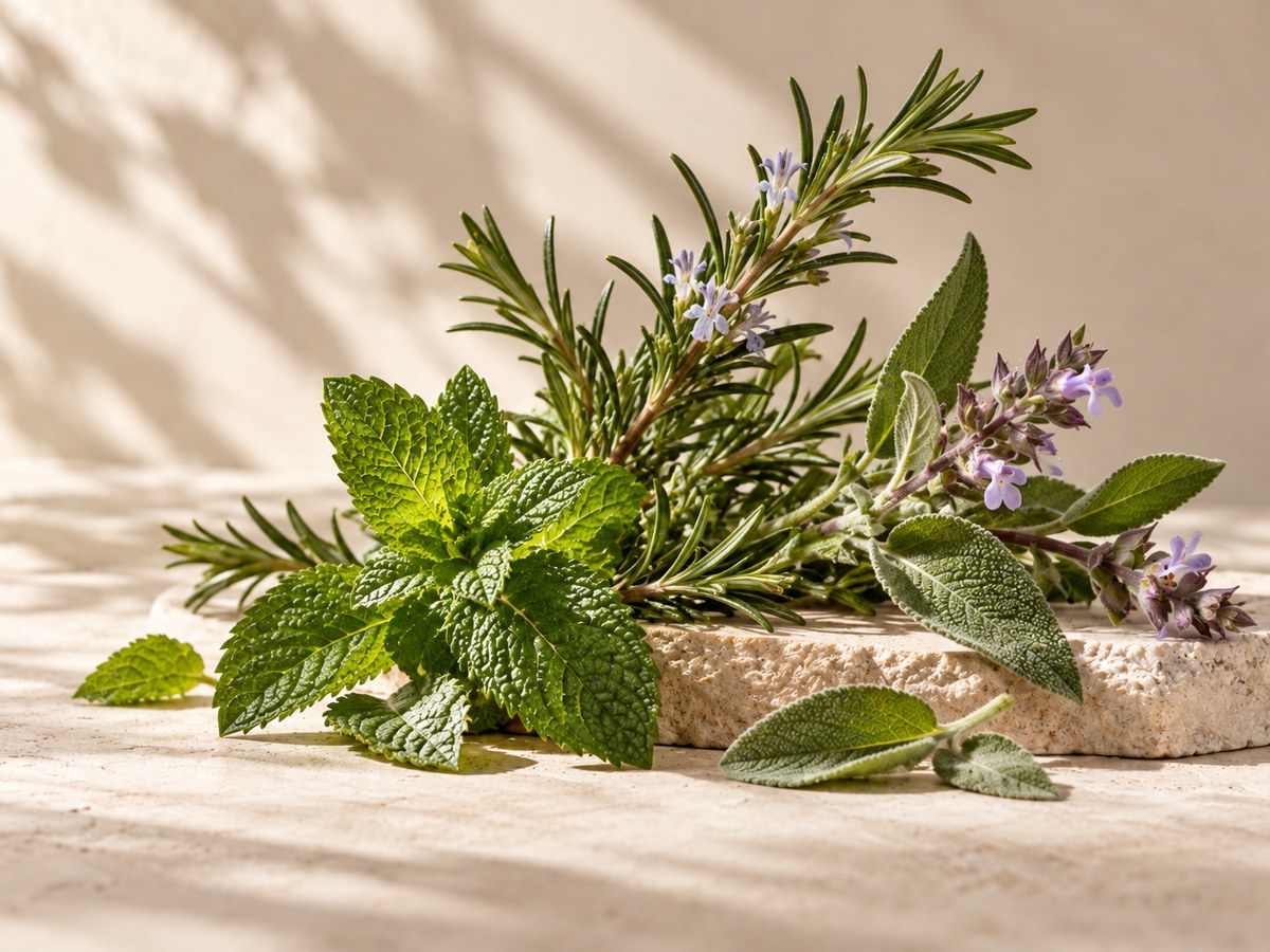 Herb scent family: rosemary, mint and sage on stone