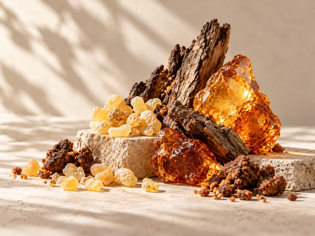 Resin scent family: frankincense and myrrh resin with amber and bark on stone