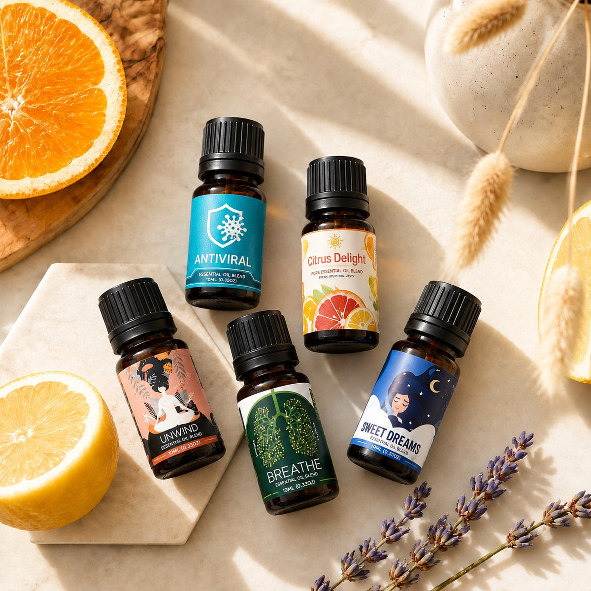 Ecodrop essential oil blends range: Unwind, Breathe, Citrus Delight, Sweet Dreams and Antiviral