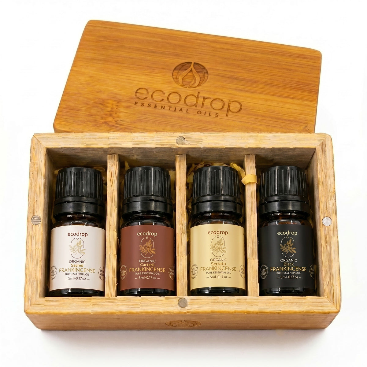 Frankincense essential oil set, four 5ml bottles in a wooden gift box