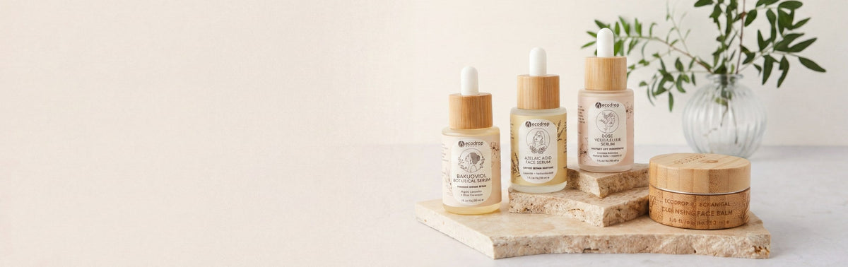 Botanical face serums and cleansing balm with fresh greenery