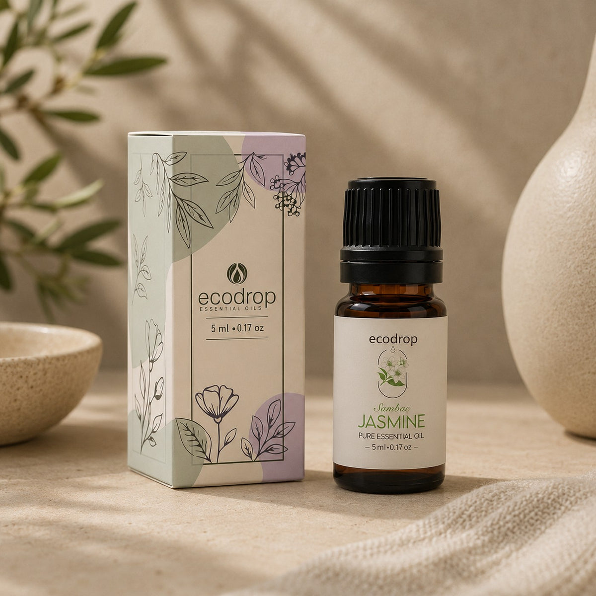 Jasmine Sambac 5ml bottle beside its botanical ecodrop box