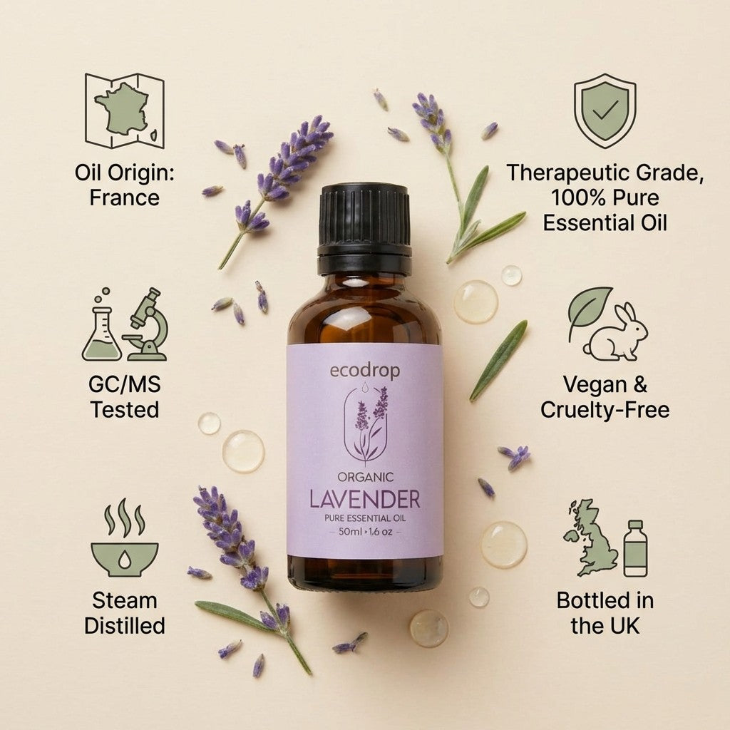 French Lavender - origin France, GC/MS tested, steam distilled, vegan, bottled in the UK