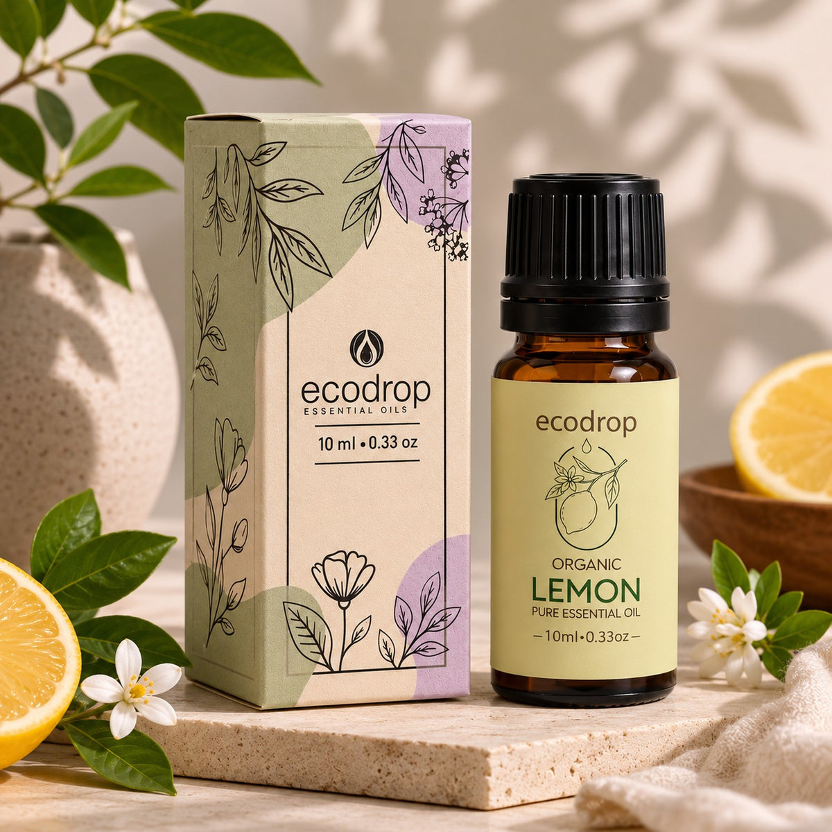 Organic lemon essential oil 10ml bottle with its recycled carton box and fresh lemons