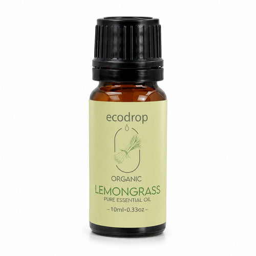 Organic Lemongrass Essential Oil 10ml amber dropper bottle with green ecodrop label