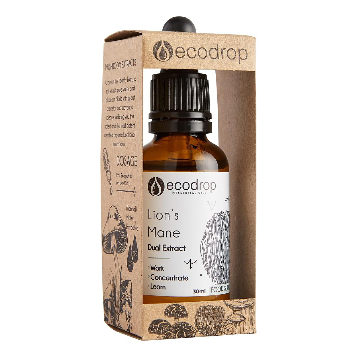 Nordic Lion's Mane Mushroom Dual Extract 30ml bottle with kraft box
