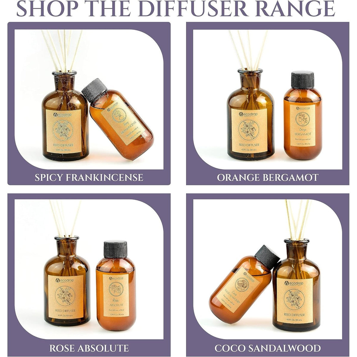 Shop the Ecodrop reed diffuser range - frankincense, bergamot, rose, sandalwood