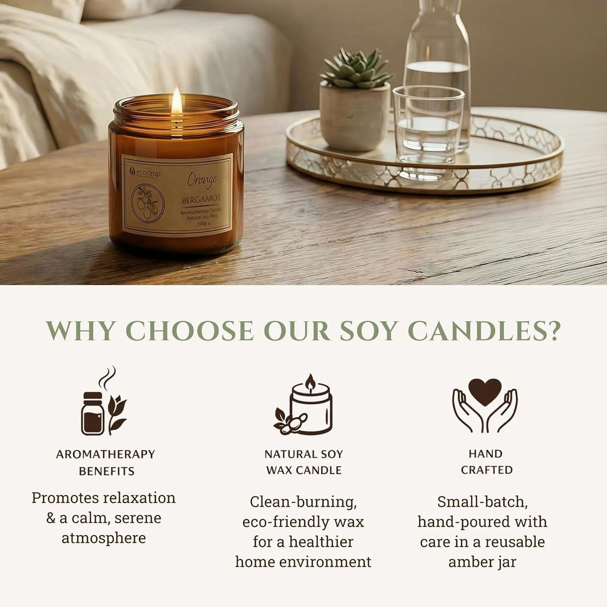 Orange & Bergamot candle lit on a coffee table, above a panel on why to choose Ecodrop soy candles