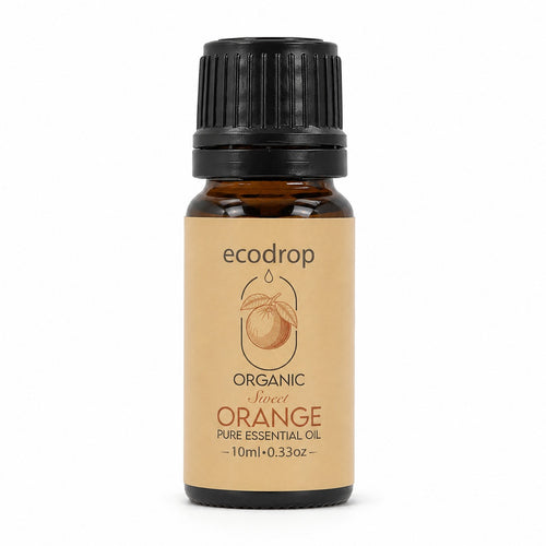 Organic orange essential oil 10ml amber bottle on a white background