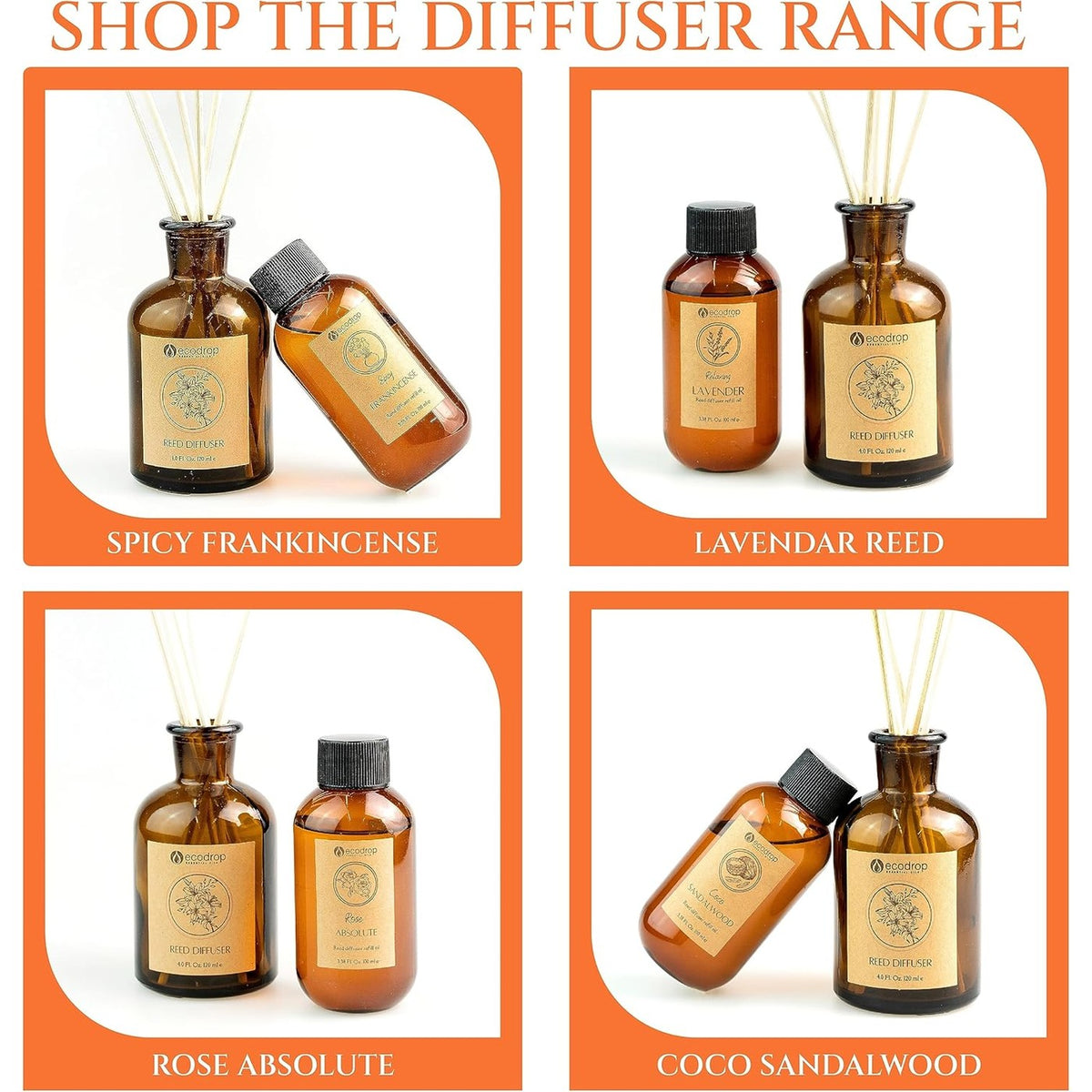 Shop the Ecodrop reed diffuser range fragrance options