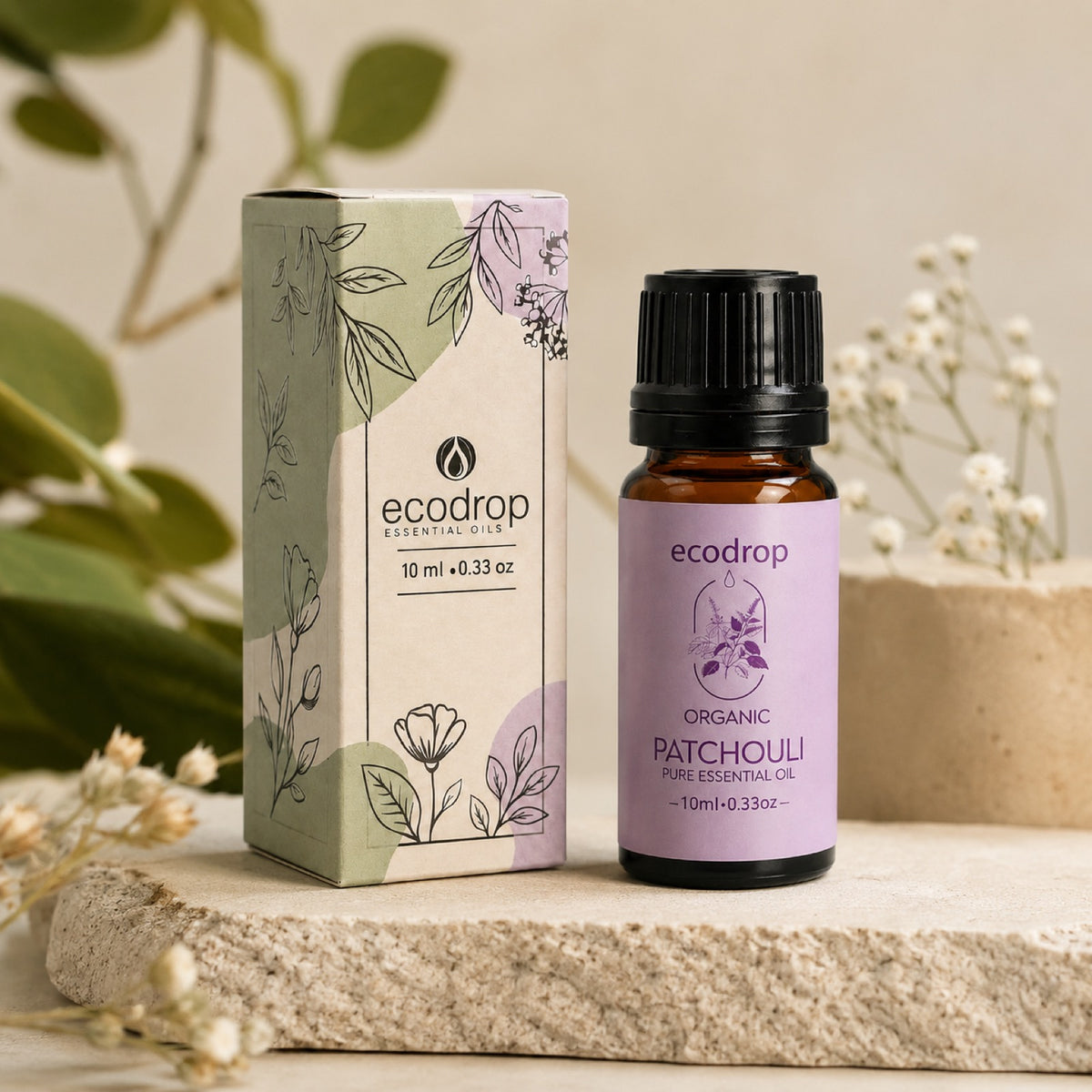 Organic Patchouli essential oil with box packaging, styled lifestyle