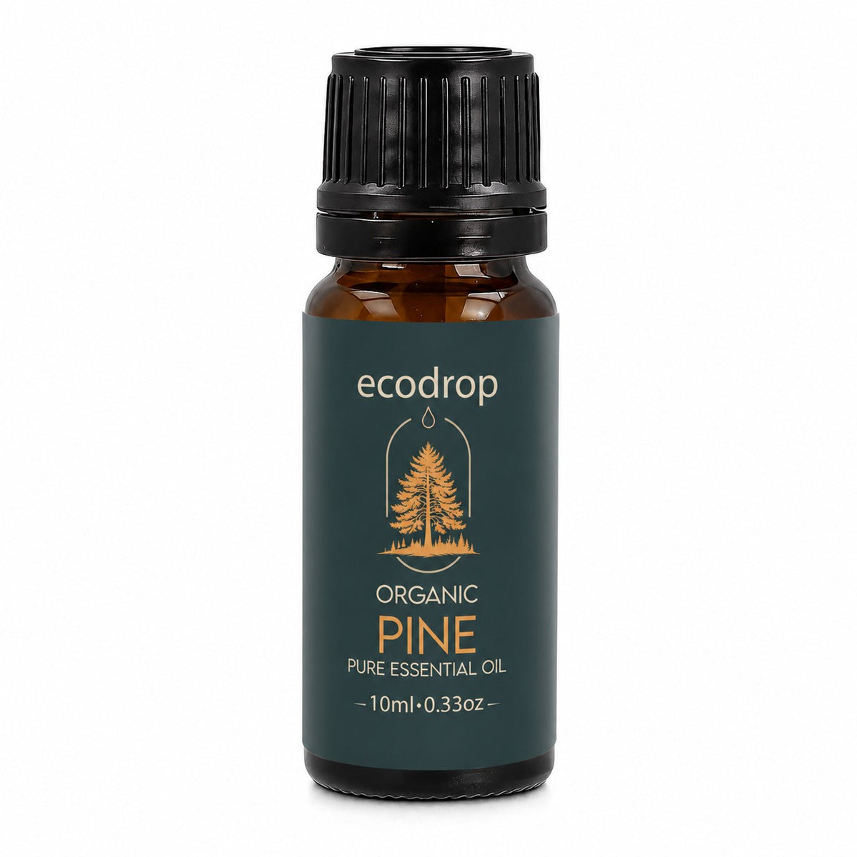 Ecodrop organic pine essential oil 10ml amber bottle on a white background