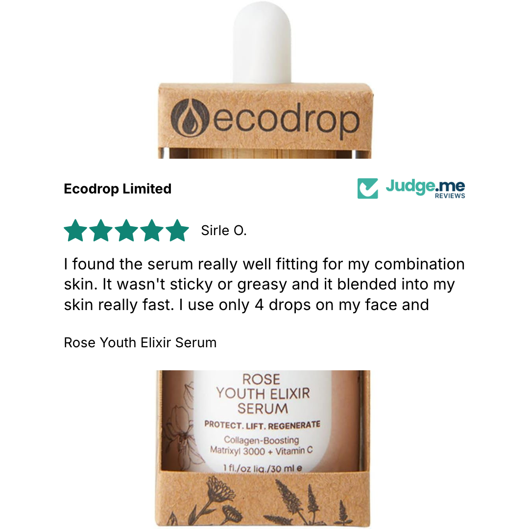 5 star Judge.me review from Sirle O. for Rose Youth Elixir Serum