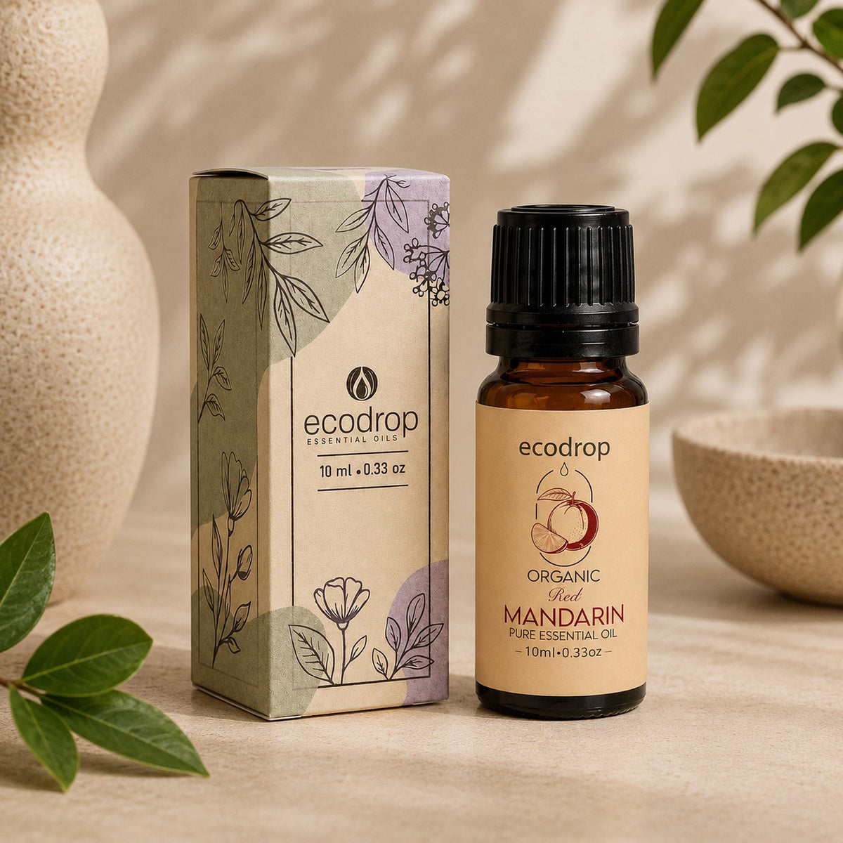 Organic red mandarin essential oil 10ml bottle with its recycled carton box