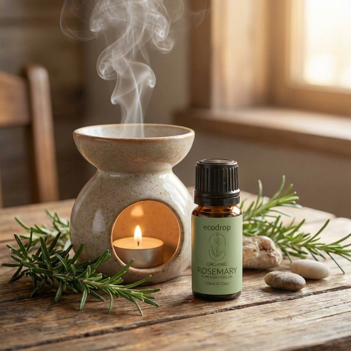 Organic Rosemary essential oil with a diffuser, styled lifestyle