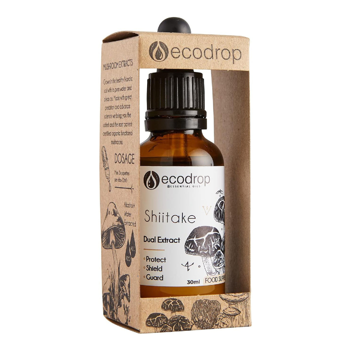 Organic Shiitake Mushroom Dual Extract 30ml bottle with kraft box