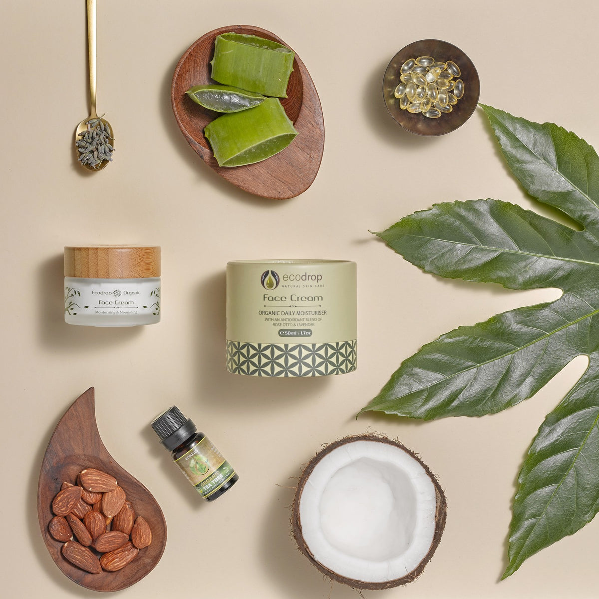 Ecodrop Organic Face Cream flatlay with aloe vera, lavender, almonds, coconut and tea tree oil