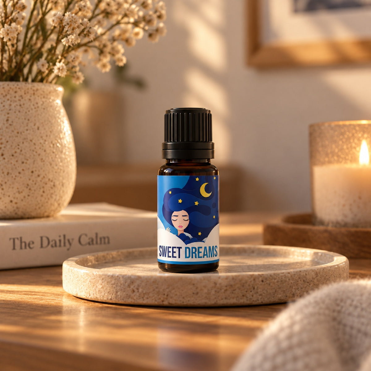 Sweet Dreams essential oil blend on a bedside table with a candle
