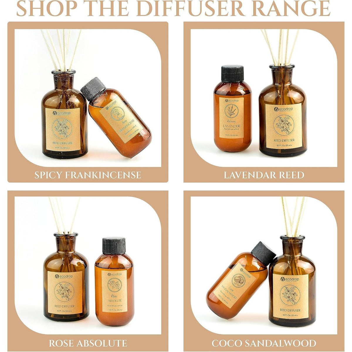 Ecodrop reed diffuser range Vanilla Coffee and other fragrances
