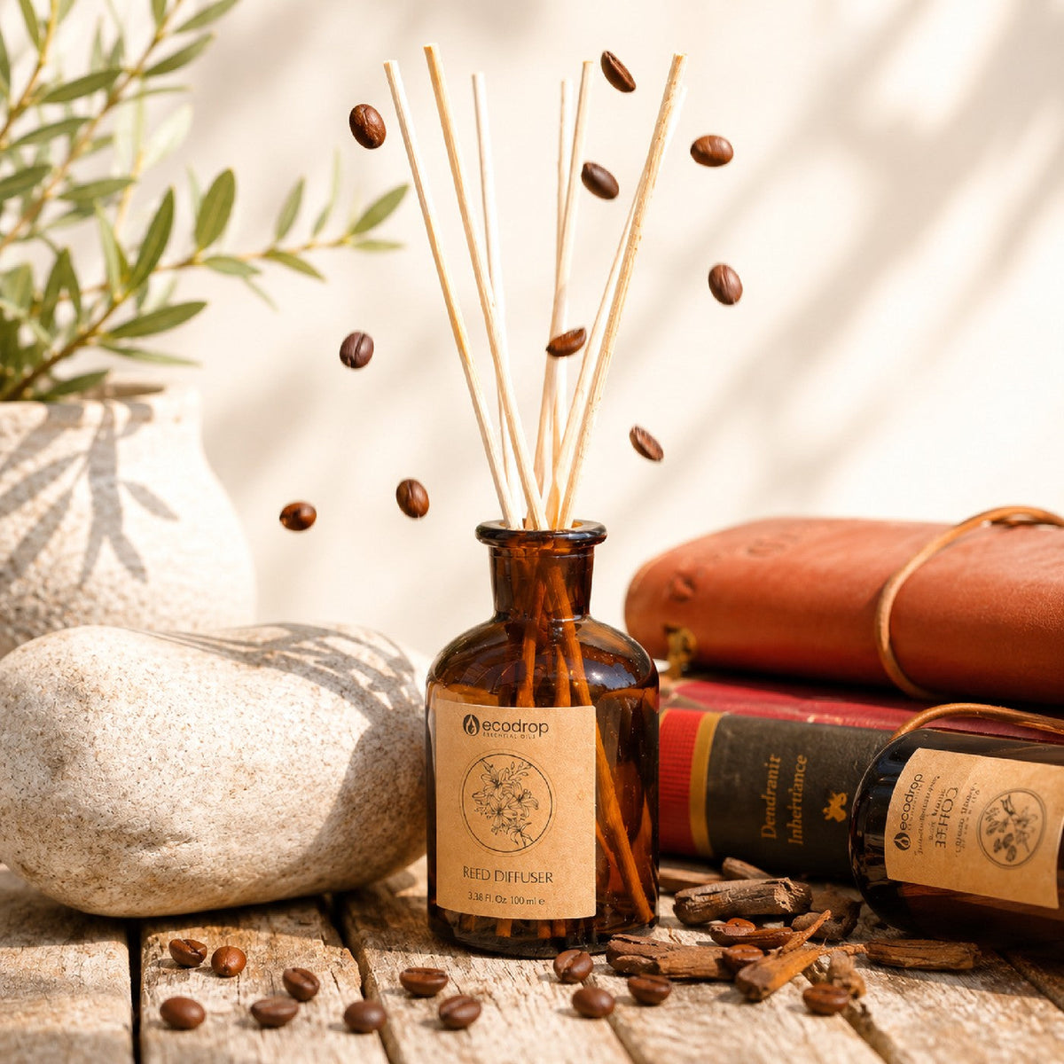 Ecodrop Black Vanilla Coffee reed diffuser set with refill bottle and reeds lifestyle