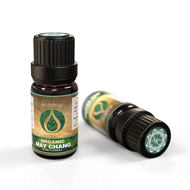 Two bottles of Ecodrop Organic May Chang Litsea Cubeba Essential Oil, one upright and one on its side showing the cap seal
