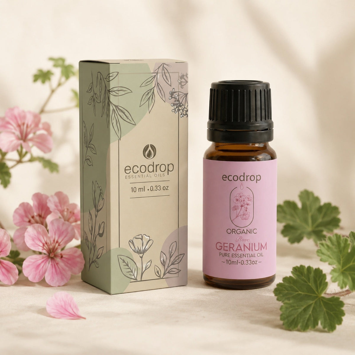 Ecodrop organic geranium essential oil bottle and box for a DIY hair heat protection spray