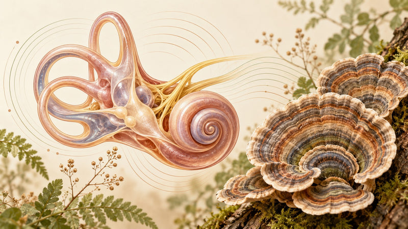 Illustrated inner ear beside turkey tail mushrooms, for Meniere's disease and balance