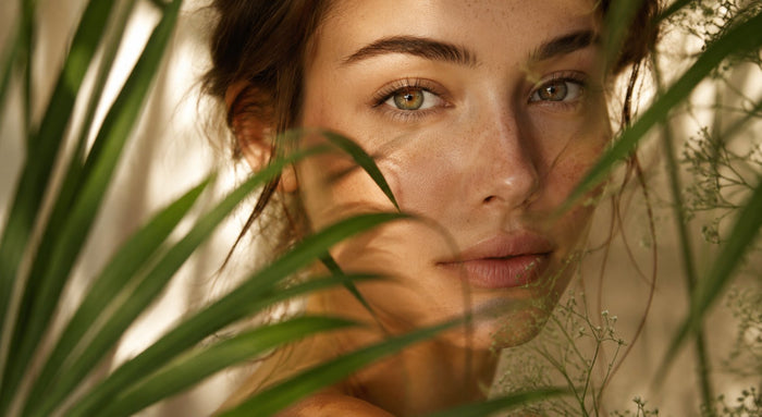 Close-up of a woman with clear, glowing skin surrounded by soft green botanical foliage